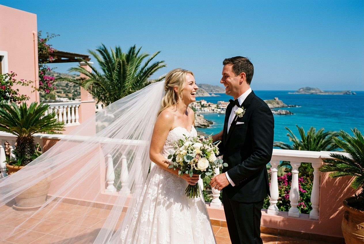 A bride and groom laughing on a sunny terrace by the sea, after Editly's color edit