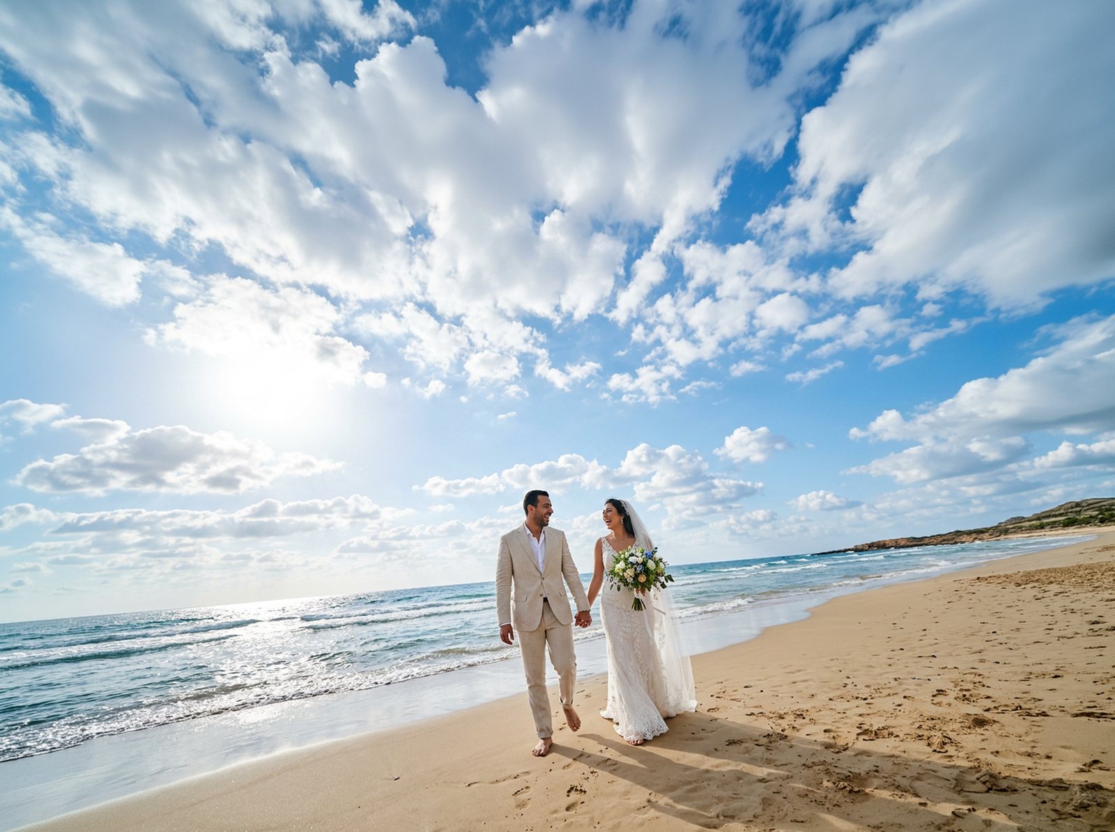 A couple walking on a wide beach, levelled and framed by Editly's AI crop