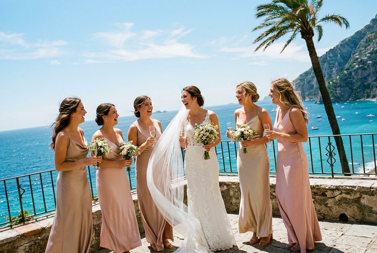 A bride and her bridesmaids on a terrace above the sea, shot with a tilted horizon and straightened by Editly